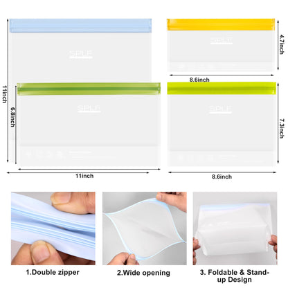 SPLF 10 Pack Stand-Up Reusable Food Storage Bags Dishwasher Safe, BPA Free Reusable Freezer Bags, Extra Thick Leakproof for Meal Prep, Sandwich, Bread, Veggies - 3 Gallon 4 Quart 3 Snack