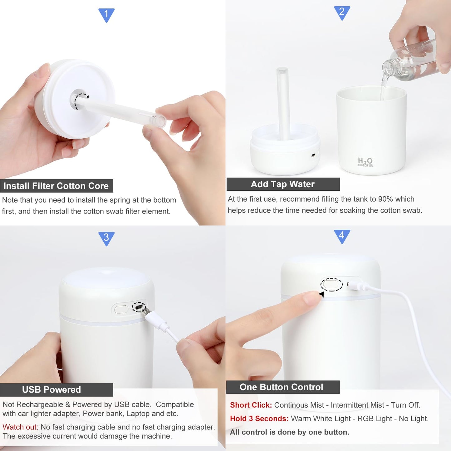 Portable Mini Humidifier, Colorful, Cool Mist, USB Powered. Perfect for Bedroom, Office & Car (300ml, White)