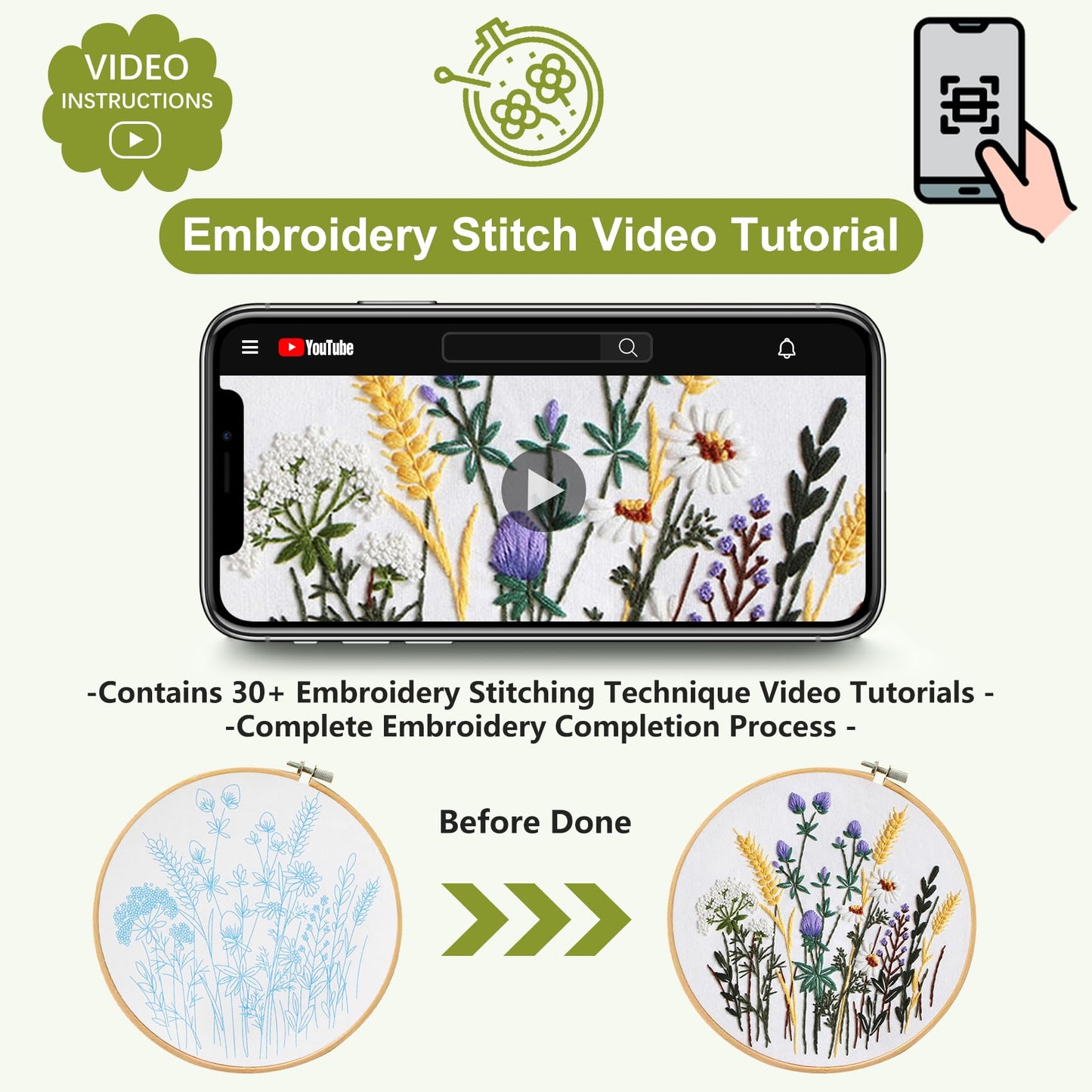 Santune 3 Pack Embroidery Kit for Beginners, Needlepoint Cross Stitch Kits for Adults,Needle Point Sets with Stamped Wild Flower Pattern Stitch Video Tutorial