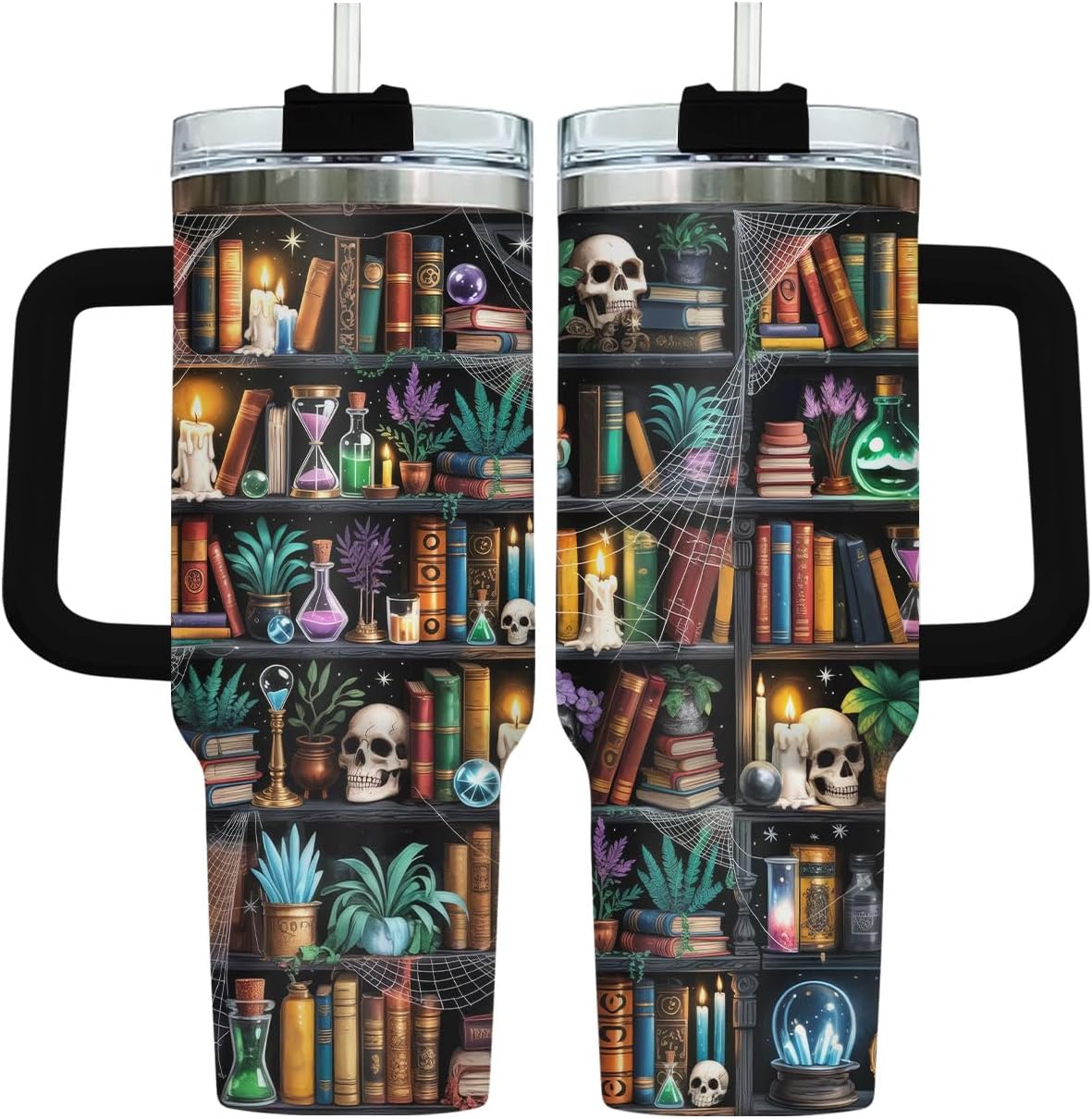 40oz Reading Bookshelf Tumbler With Handle And Straw, Insulated Stainless Steel Travel Cup, Bookish Water Bottle