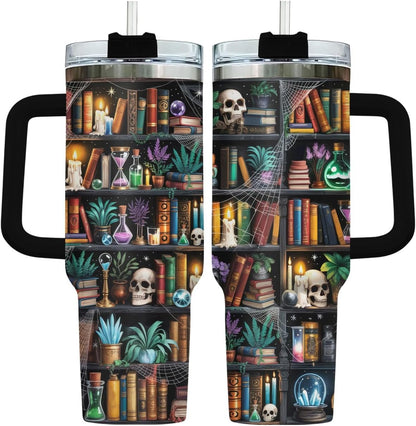 40oz Reading Bookshelf Tumbler With Handle And Straw, Insulated Stainless Steel Travel Cup, Bookish Water Bottle