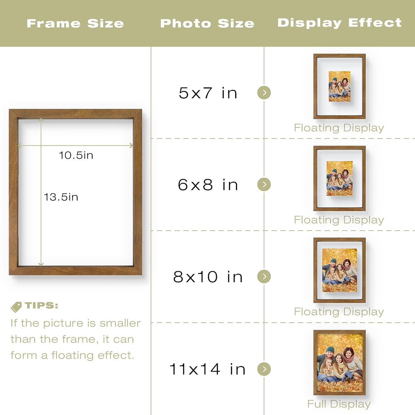 11x14 Floating Picture Frame - Brown Solid Wood Frame for Pressed Flower - Real Glass of Front - Use as 8x10 or 5x7 Picture Frame - for Wall Mount Display (Brown, 1 Pack)