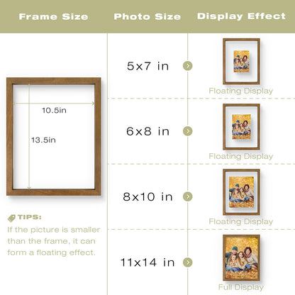 11x14 Floating Picture Frame - Brown Solid Wood Frame for Pressed Flower - Real Glass of Front - Use as 8x10 or 5x7 Picture Frame - for Wall Mount Display (Brown, 1 Pack)