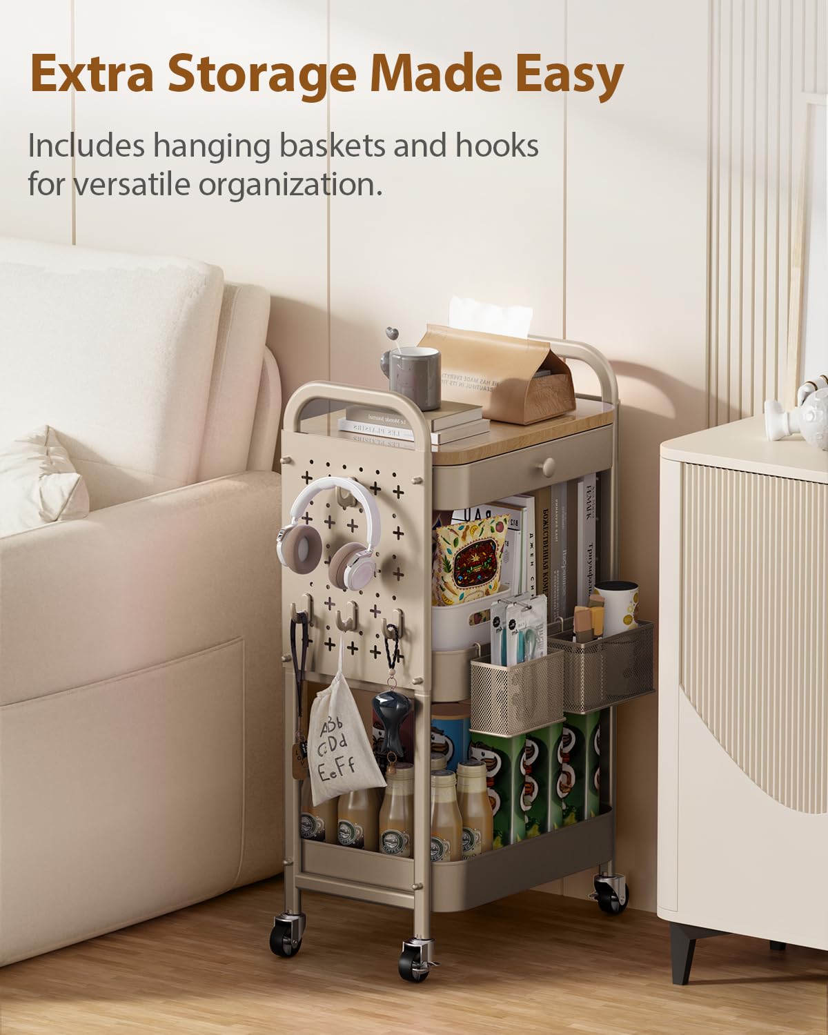 ALVOROG Rolling Cart with Drawer and Wood Table Top, 3 Tier Metal Rolling Utility Cart on Wheels with DIY Pegboards, Hanging Baskets, Hooks for Kitchen, Bedroom, Office, Craft Supplies