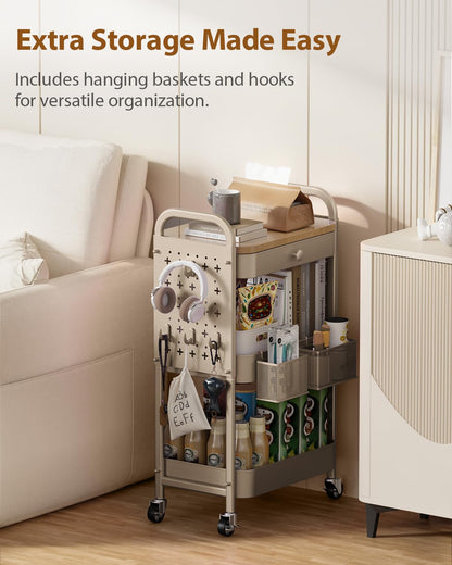 ALVOROG Rolling Cart with Drawer and Wood Table Top, 3 Tier Metal Rolling Utility Cart on Wheels with DIY Pegboards, Hanging Baskets, Hooks for Kitchen, Bedroom, Office, Craft Supplies