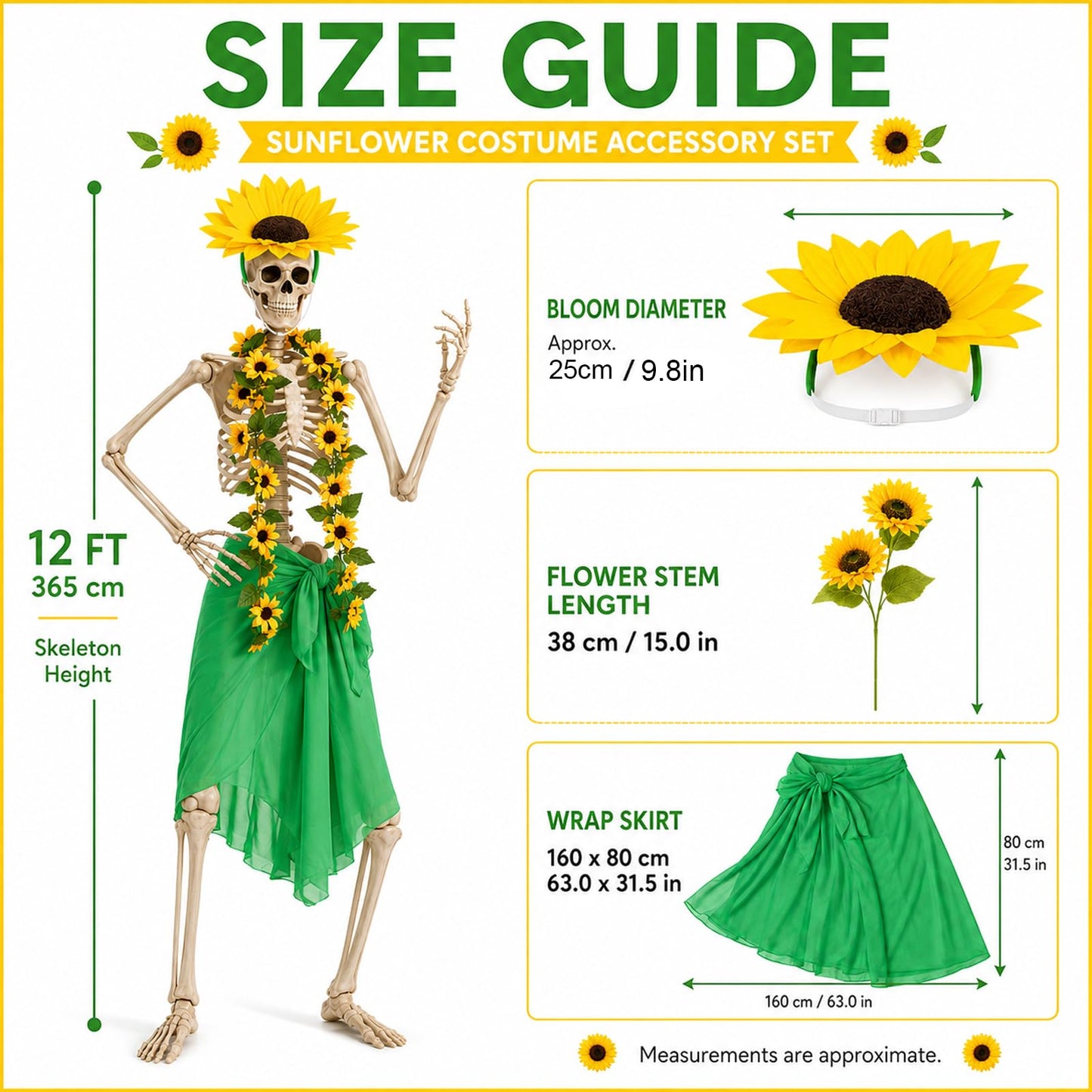 Yi-gog 5Pcs 12 Ft Skeleton Costume Set Halloween Skeletons Outfit Sunflower Headband Sunflower Vine Garlands Green Wrap Skirt Halloween Accessories