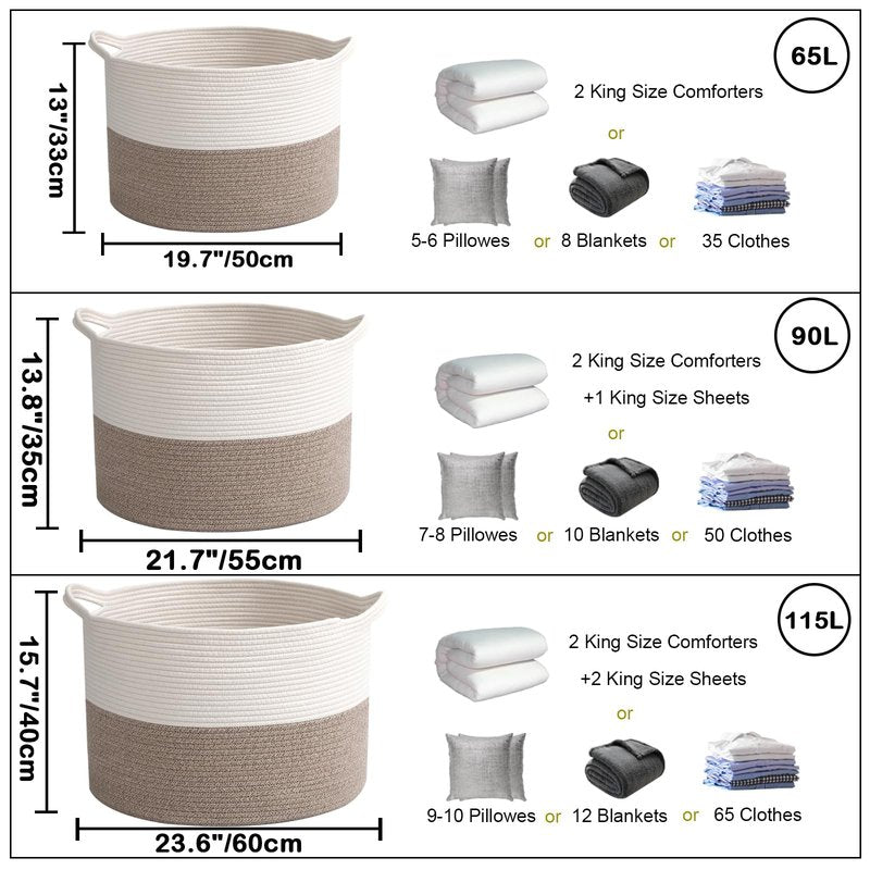 HZFTJOY Large Woven Blanket Basket,65L Cotton Rope Laundry Basket Hamper with Handles, Decorative Nursery Basket Storage Bin for Toys, Clothes Organizer, Living Room, Bedroom, Bathroom, White & Brown