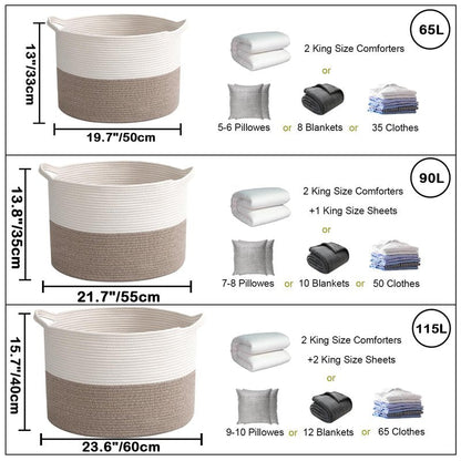 HZFTJOY Large Woven Blanket Basket,65L Cotton Rope Laundry Basket Hamper with Handles, Decorative Nursery Basket Storage Bin for Toys, Clothes Organizer, Living Room, Bedroom, Bathroom, White & Brown
