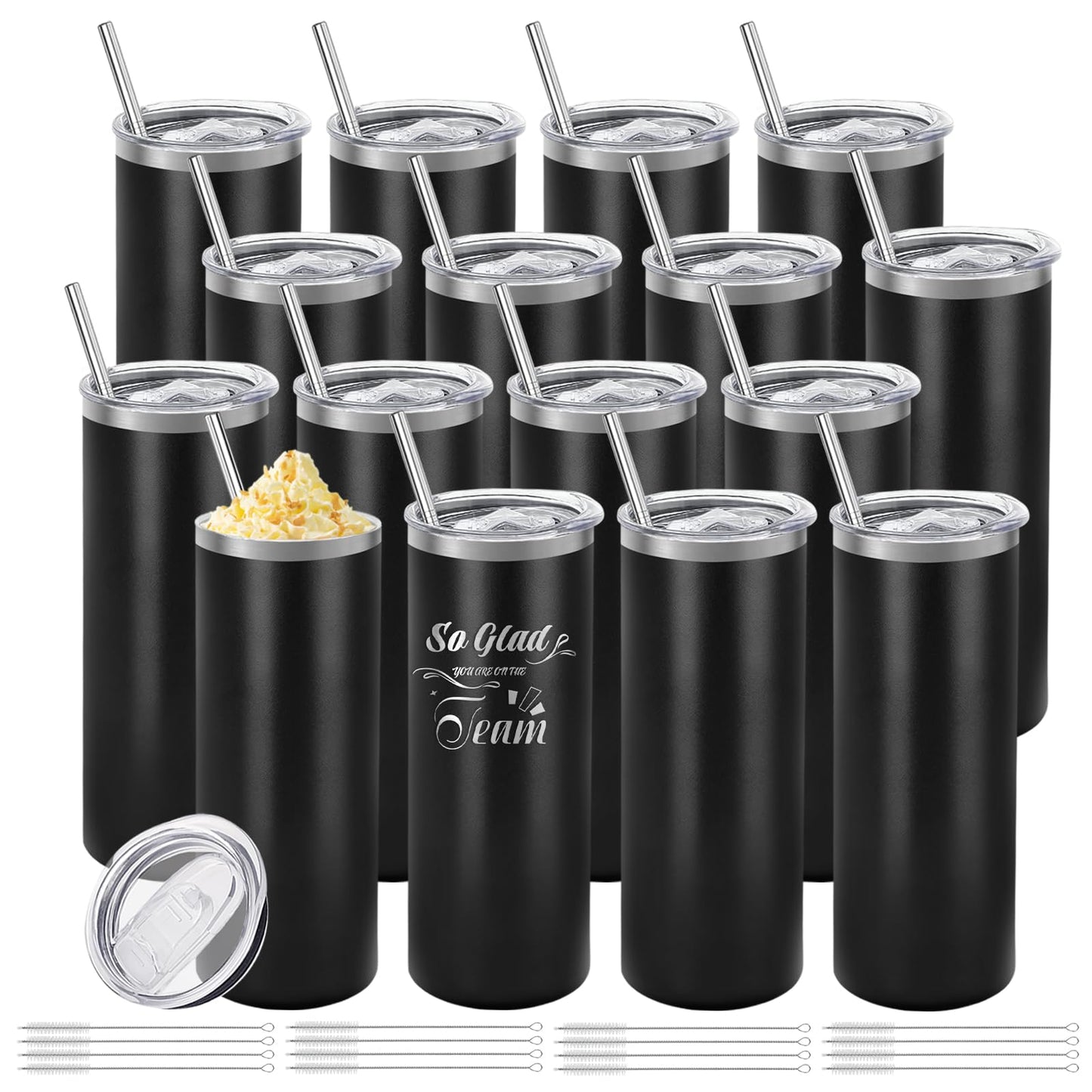 YOUKE OLA 16 Pack Stainless Steel Skinny Tumblers Bulk Straight Double Wall Powder Coated Insulated Tumbler with Lid and Straw for Laser Engrave, DIY Gift, 20oz Black