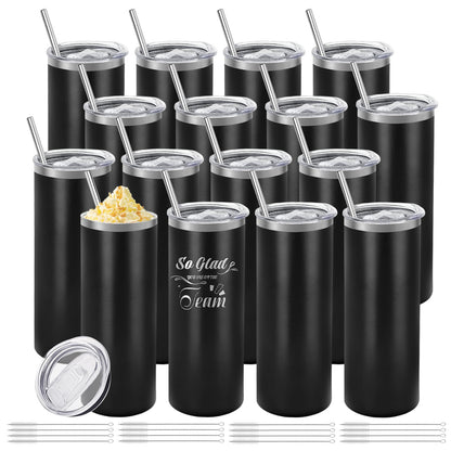 YOUKE OLA 16 Pack Stainless Steel Skinny Tumblers Bulk Straight Double Wall Powder Coated Insulated Tumbler with Lid and Straw for Laser Engrave, DIY Gift, 20oz Black