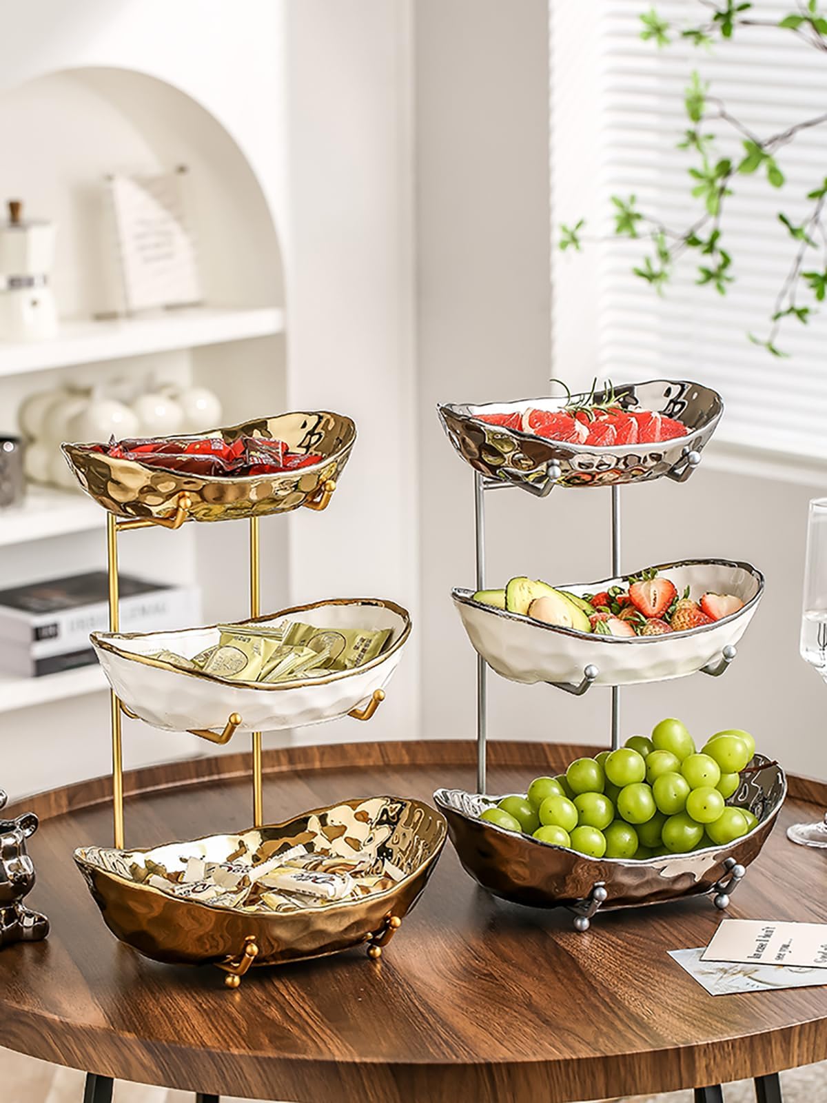 Afeyibu 3-Tier Fruit Bowls for Kitchen Counter,Ceramic Bowl with Gold Metal Stand,3 Tier Fruit Basket for Fruit,Snack,Cake,Nuts,Dessert Storage