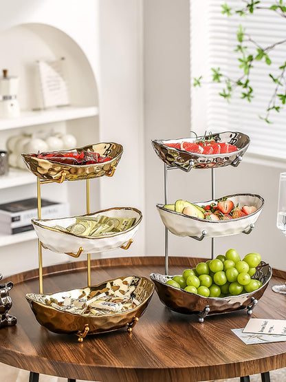 Afeyibu 3-Tier Fruit Bowls for Kitchen Counter,Ceramic Bowl with Gold Metal Stand,3 Tier Fruit Basket for Fruit,Snack,Cake,Nuts,Dessert Storage