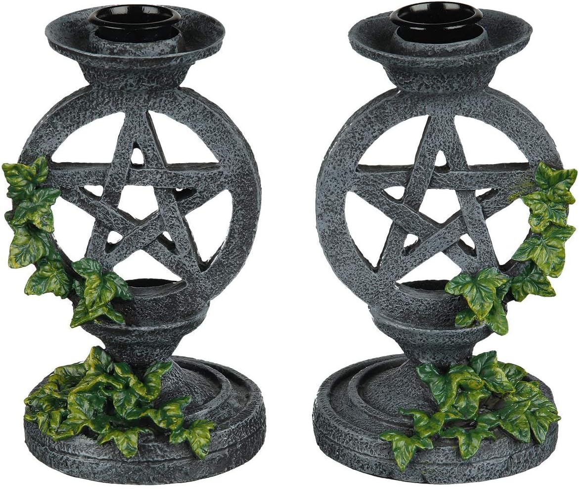 Nemesis Now Gothic Witchcraft Ivy Pentagram Candlesticks, 13.4cm, Hand-Painted Resin Aged Occult Candle Holders, Set of