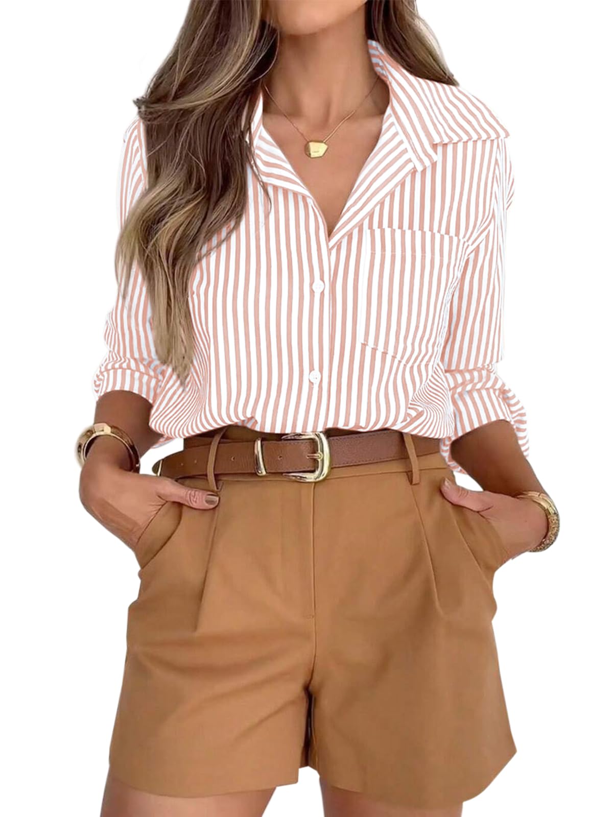 siliteelon Striped Button Down Shirts for Women Dress Shirts Long Sleeve Casual Collared Office Work Shirt with Pocket