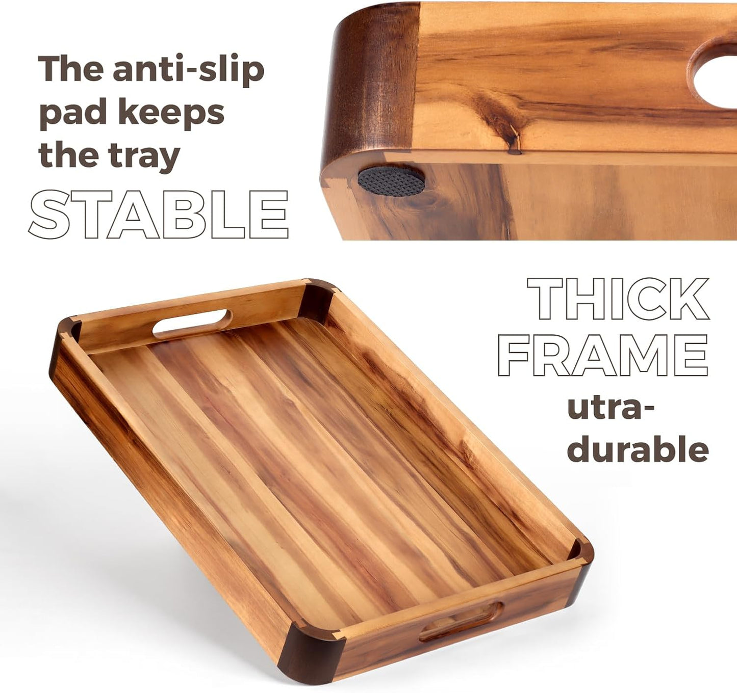 17 13 Inch Counter... x Acacia Wood Serving Tray with Handles, Decorative Wooden Tray Featuring Dark Walnut-Tone Curved