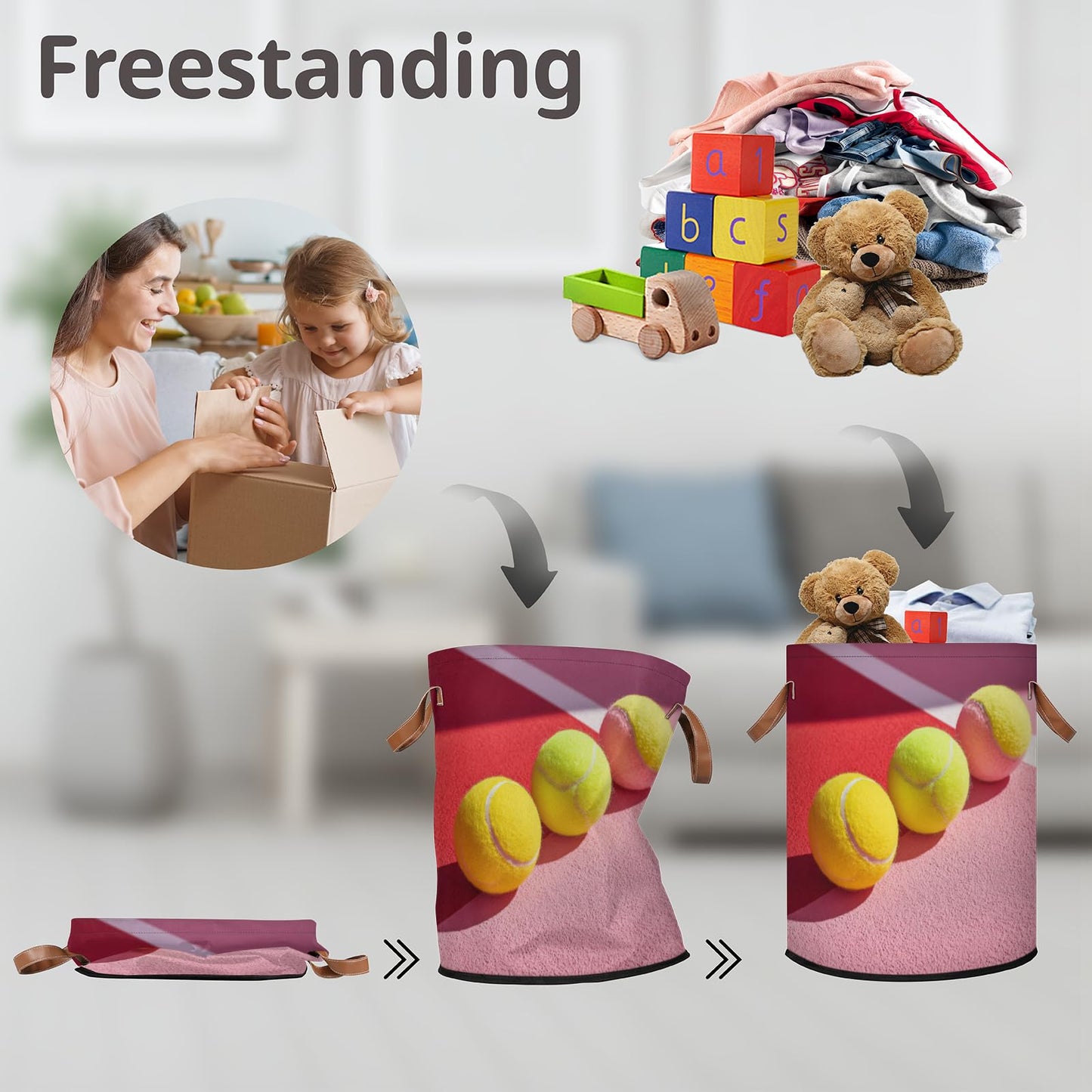 FZDXZJJ Large Round Laundry Storage Basket - Tennis Bin with Handles, Collapsible Box for Home, Office, Toy Organizer, Bedroom, Lving Room, Home Decor