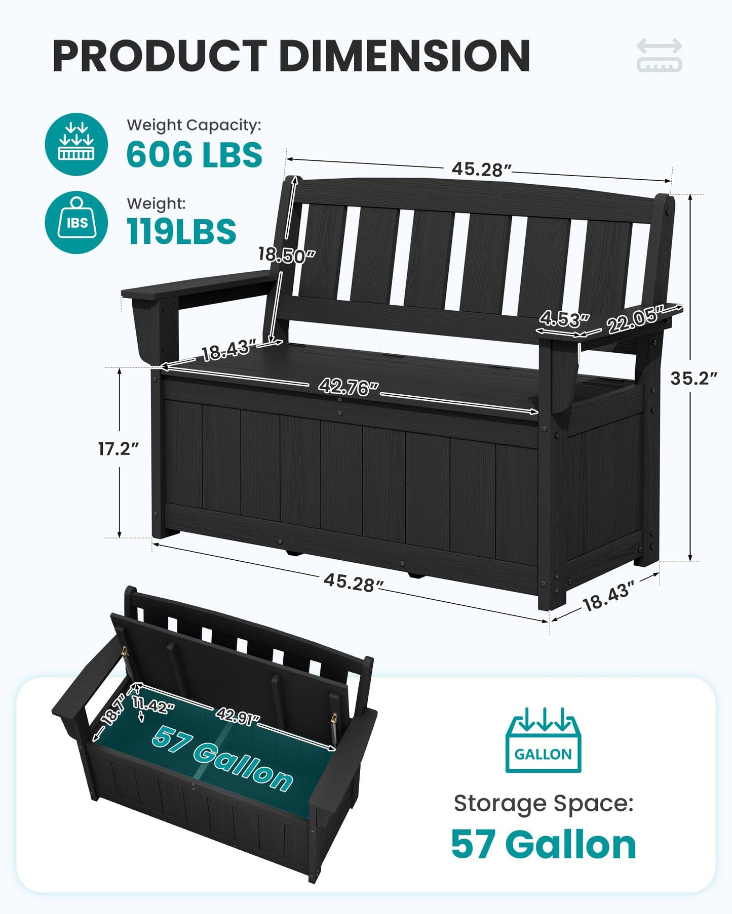 SERWALL HDPE Outdoor Storage Bench, All-Weather, UV-Resistant Deck Box with Waterproof Storage Bags, 57 Gallon Dual-Use Seat & Organizer Deck Boxes for Patio, Garden Tools & Pool (Dark Black)