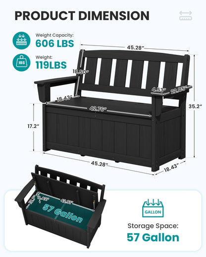 SERWALL HDPE Outdoor Storage Bench, All-Weather, UV-Resistant Deck Box with Waterproof Storage Bags, 57 Gallon Dual-Use Seat & Organizer Deck Boxes for Patio, Garden Tools & Pool (Dark Black)
