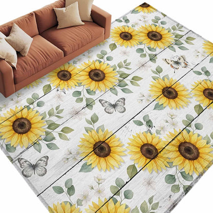 Area Rugs 8x10 for Living Room, Yellow Sunflowers Non Slip Washable Rug Runner, Summer Botanical Butterfly Leaves Wooden Low Pile Indoor Floor Carpet Mat Bathroom Rugs for Bedroom, Kids Room