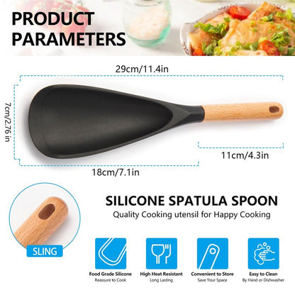 【2 Pack】Silicone Cooking Spoon for Nonstick Cookware - Wooden Handle Kitchen Spoon for Mixing, Flipping, Scraping & Serving - Heat-Resistant Spatula for Baking, Stirring (11.4'' Black 2-Pcs)