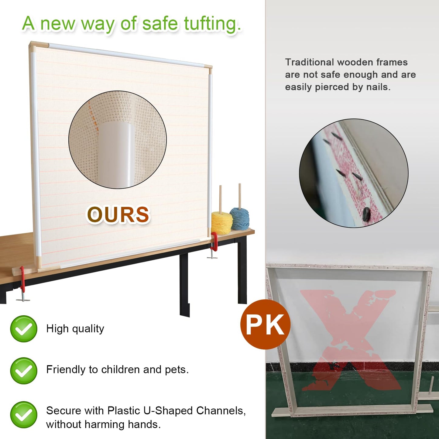 Kerty 29.5" Tufting Frame, Wooden Tufting Frame for Rug Making, A Safer Tufting Cloth Stand Using Plastic U-Shaped Channels Instead of Nails
