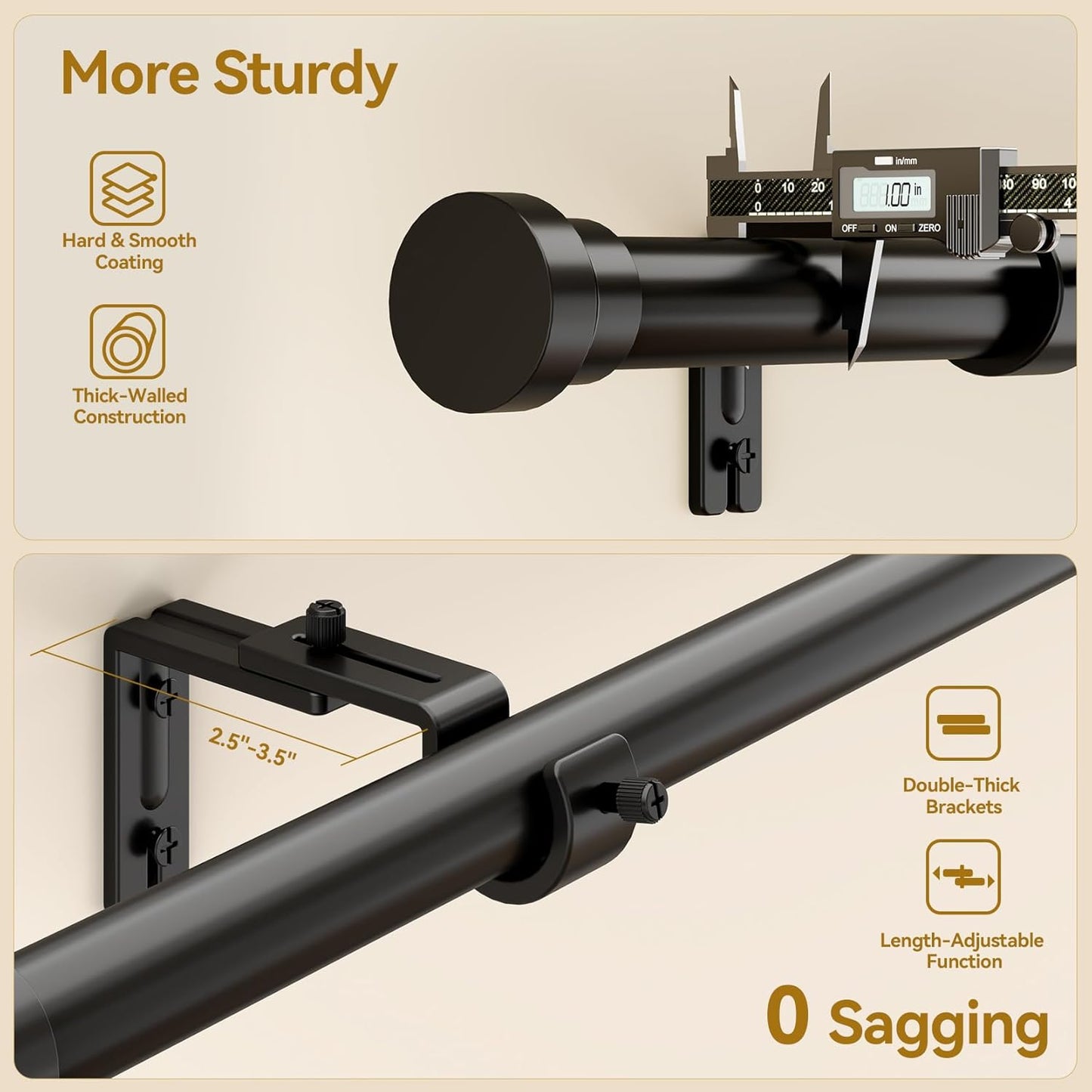 YaFex Curtain Rods - Heavy Duty 1 Inch Adjustable Window Treatment Rods | 32-118 Inch, Modern Black Design