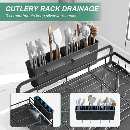HOMEAILIE Dish Drying Rack for Kitchen Counter, Large Dish Drying Rack with Utensil Holder & Cutlery Tray, Dish Drainer with Drainboard, Black