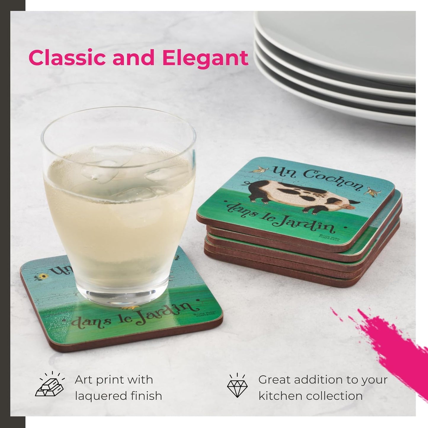 Pimpernel Dans le Jardin Coasters - Set of 6, Cork Backing, Chicken Design for Table Protection