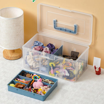 Acshio 2 Pack Plastic Dividing Storage Box, 2 Layer Multipurpose Craft Organizer and Storage Box with Removable Tray Handle, Portable Art Supply Container for Bead, Tool, Sewing