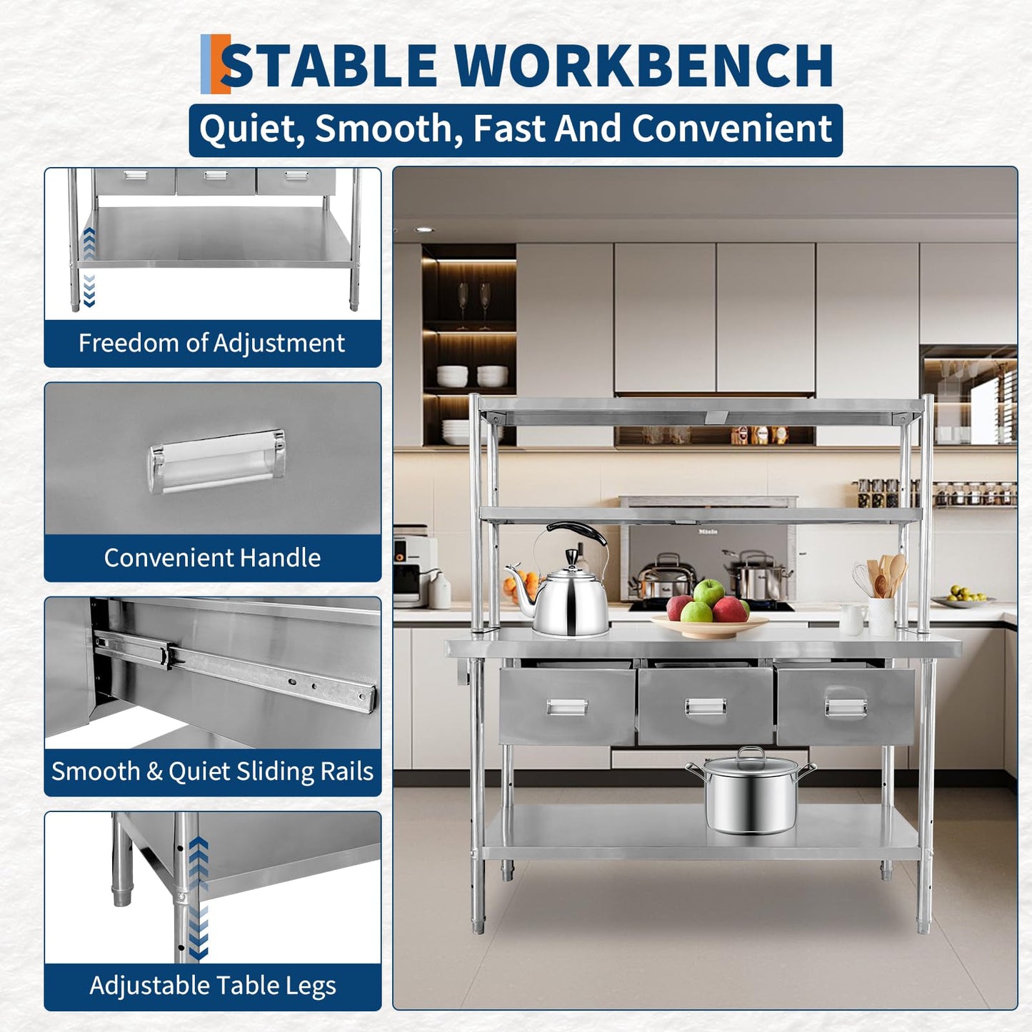 60" X 24" Stainless Steel Table with Drawers, NSF Work Table with Shelves & Paper Towel Holder, Metal Table Prep Table for Commercial Kitchen Restaurant Garage Warehouse