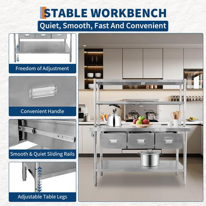 60" X 24" Stainless Steel Table with Drawers, NSF Work Table with Shelves & Paper Towel Holder, Metal Table Prep Table for Commercial Kitchen Restaurant Garage Warehouse
