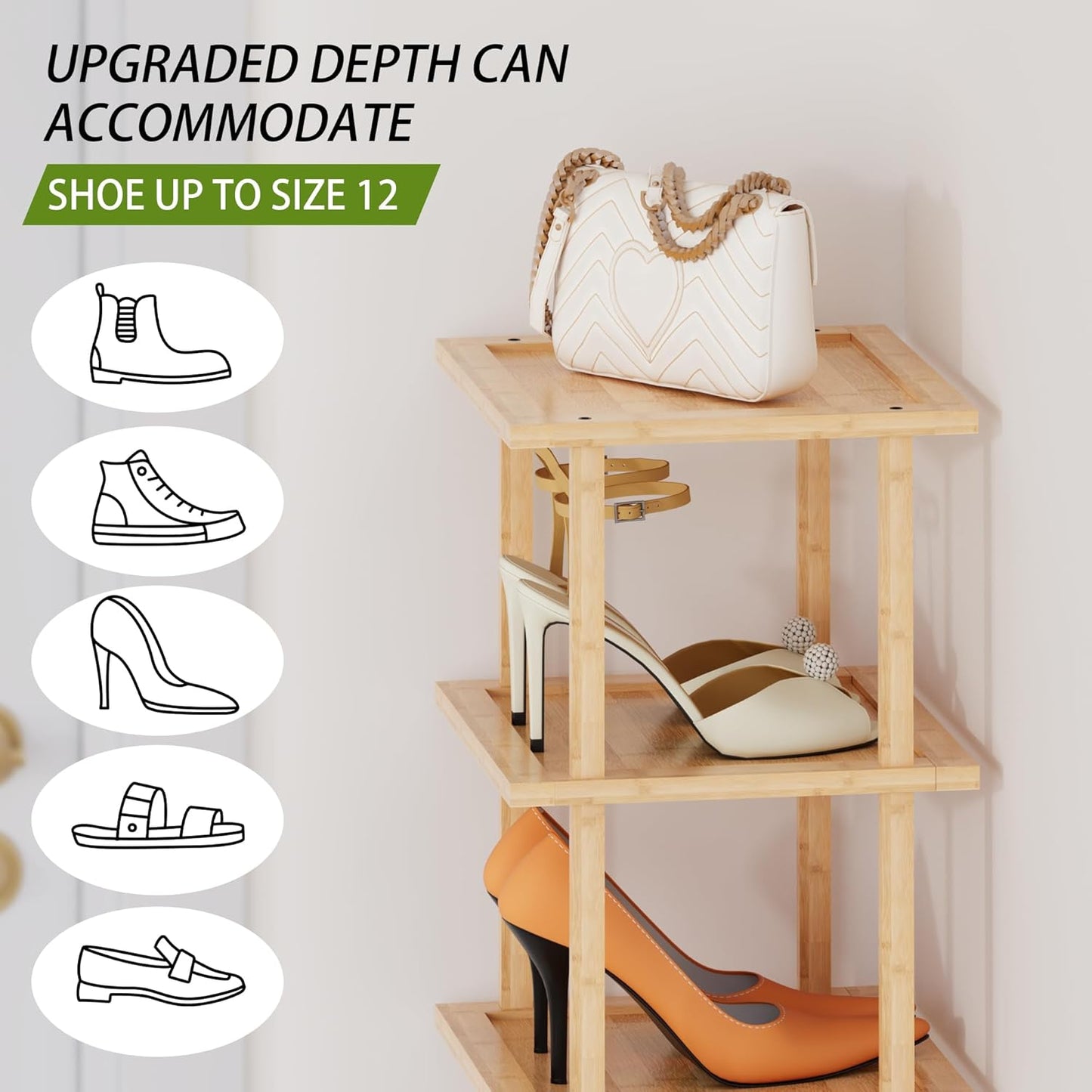 7 Closet Vertical Tall Shoe Rack For Entryway - Tall Tier Free Standing Slim Narrow Bamboo Wood Shoe Boots Storage