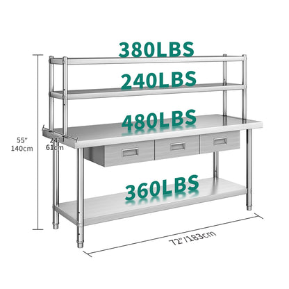 YITAHOME 72"x24" Stainless Steel Work Table with 3 Drawers & Upper Shelf, NSF-Certified Commercial Metal Table with 72"x12" Overshelf, Utility Prep Station