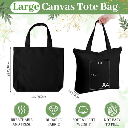Silkfly 20 Pcs Extra Large Canvas Tote Bags Bulk 19.7x15.8'' Blank Cotton Canvas Bag with Zipper Handles Reusable Plain Grocery Makeup Handbag for DIY (Black)