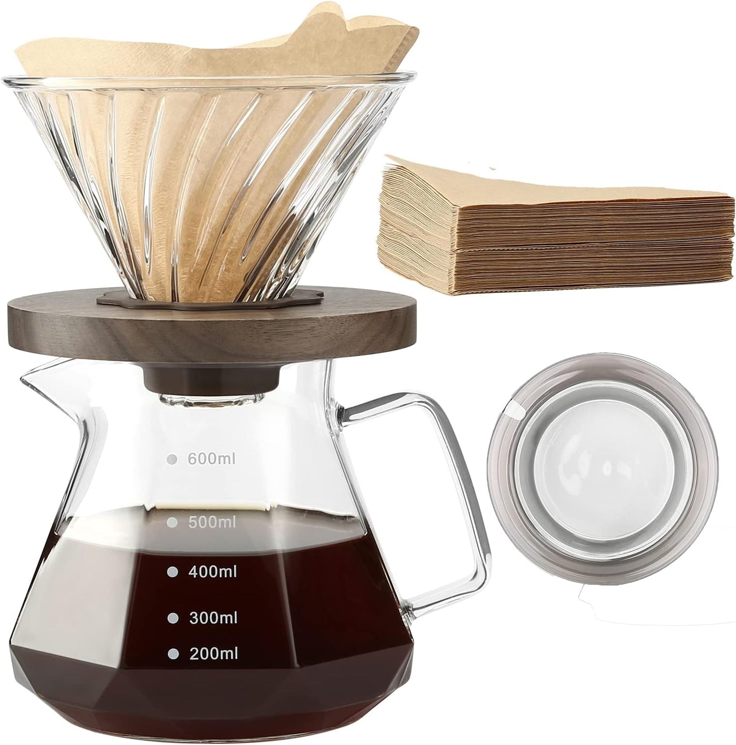 Pour Over Coffee Maker, 20 oz Borosilicate Glass Carafe with 100 pcs V60 Paper Filter, Walnut Handle, Clear