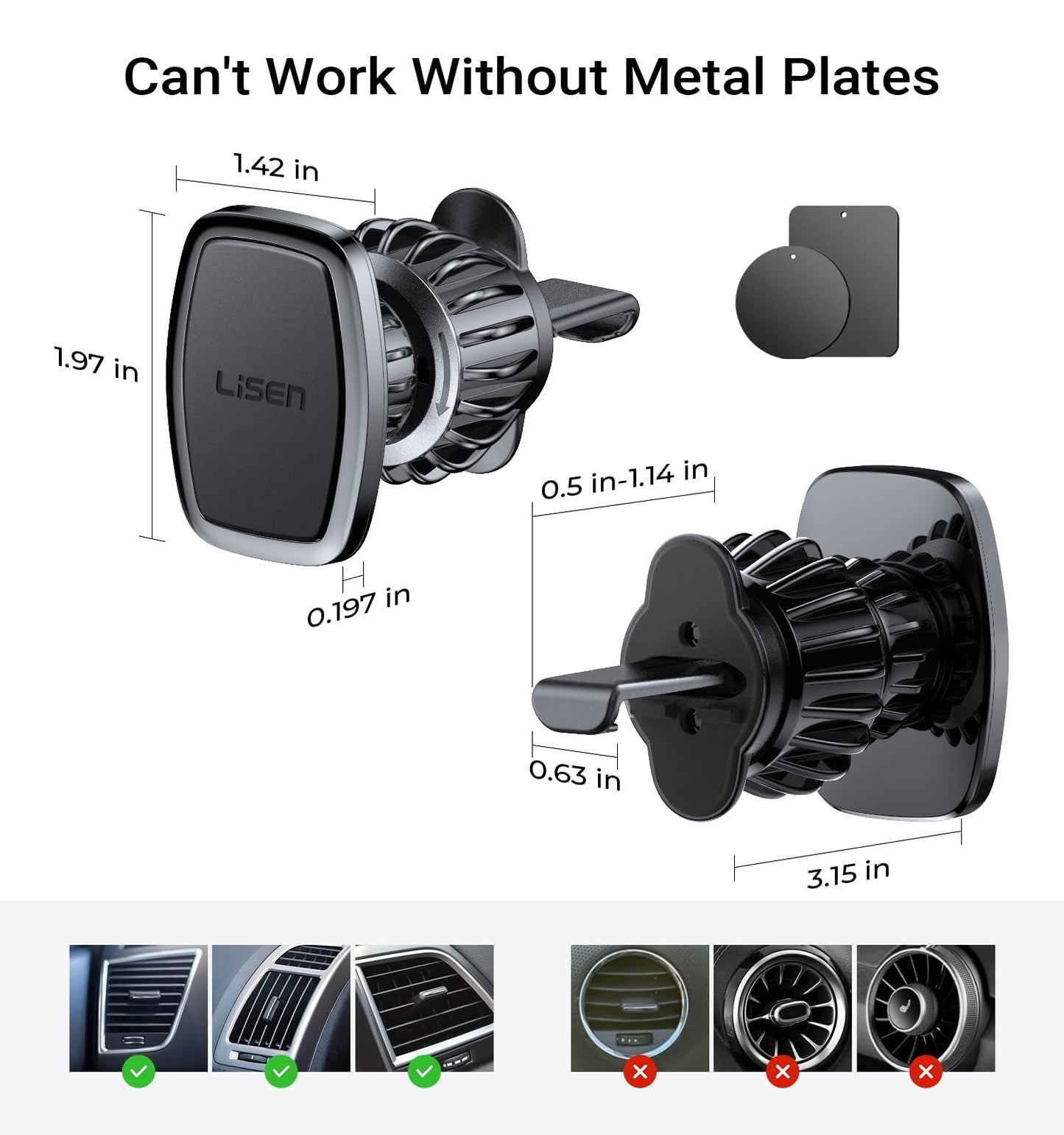 LISEN 2 Pack Magnet for Phone Car Mount Magnetic Phone Holder for Your Car Vent 6 Military Magnets Vent Cell Phone Holder Mount for Car Plate Fit All iPhone 16/15/14/13 Pro Max Plus Samsung S25
