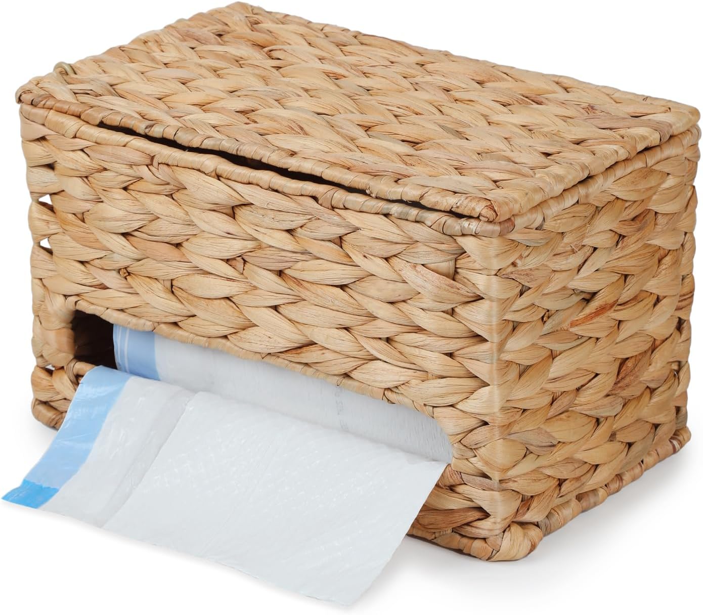 Countertop YANGQIHOME Trash Bag Dispenser with Lid, Water Hyacinth Plastic Bag Holder & Grocery Bag Holder for Kitchen
