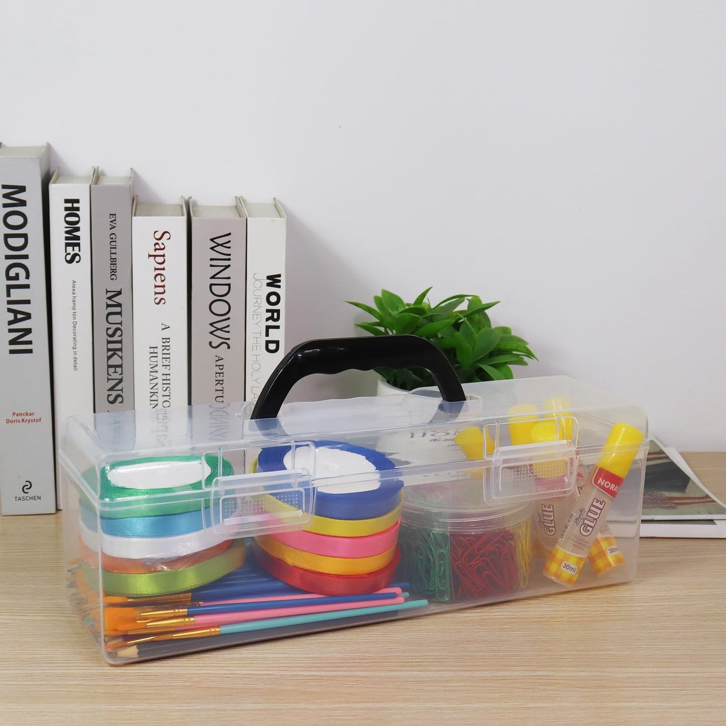 Flythww Plastic Storage Container with Lid, Clear Craft Tool Art Supply Sewing Organizer Box with Handle, Storage Bin for Paint Brush, Cards, Pencils, Crayon, Toys, Ribbons (L 13.98 x 4.21 x 4.72 in)