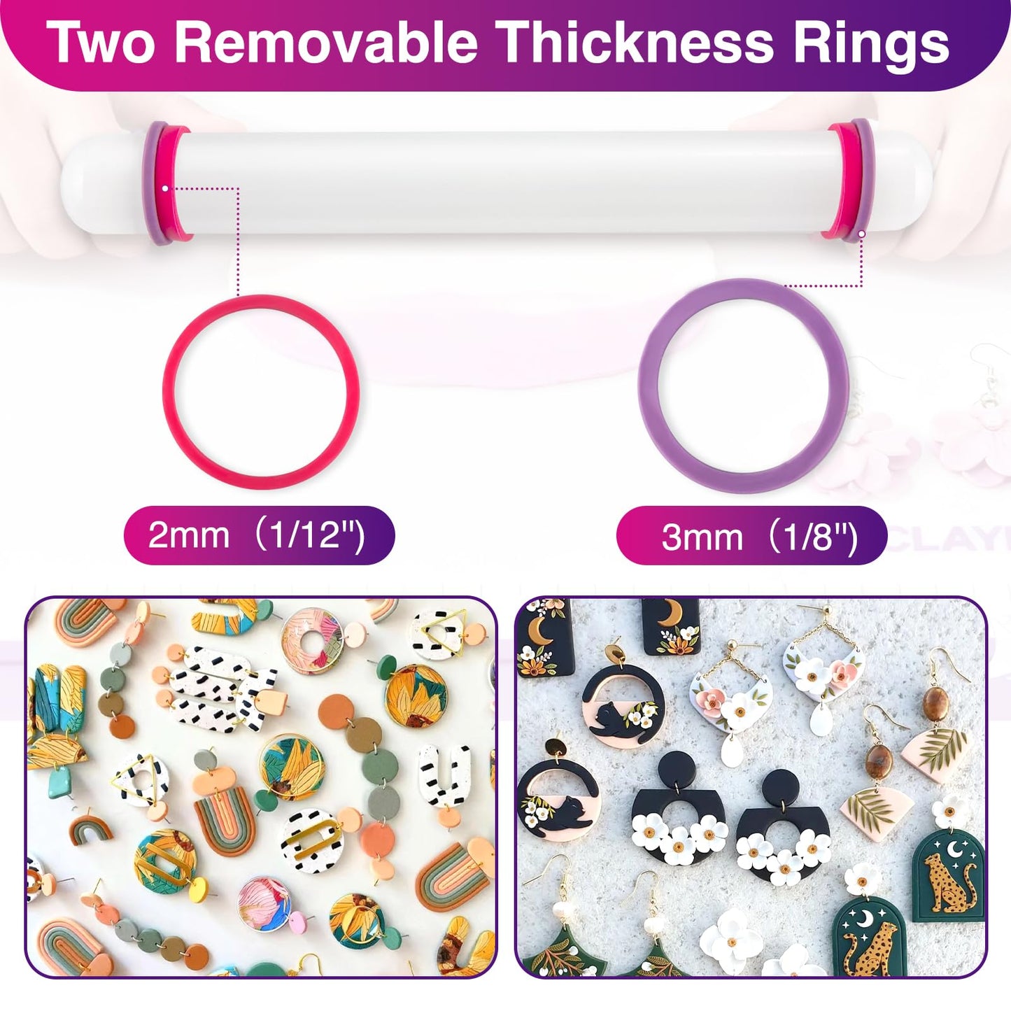 WECLAYER Clay Roller with Thickness Rings and 16" x 12" Silicone Clay Mat with Measurement,Oven-Safe Work Mat with Texture,Reusable Silicone Non-skid Pad,Clay Rolling Pin,Polymer Clay Tools