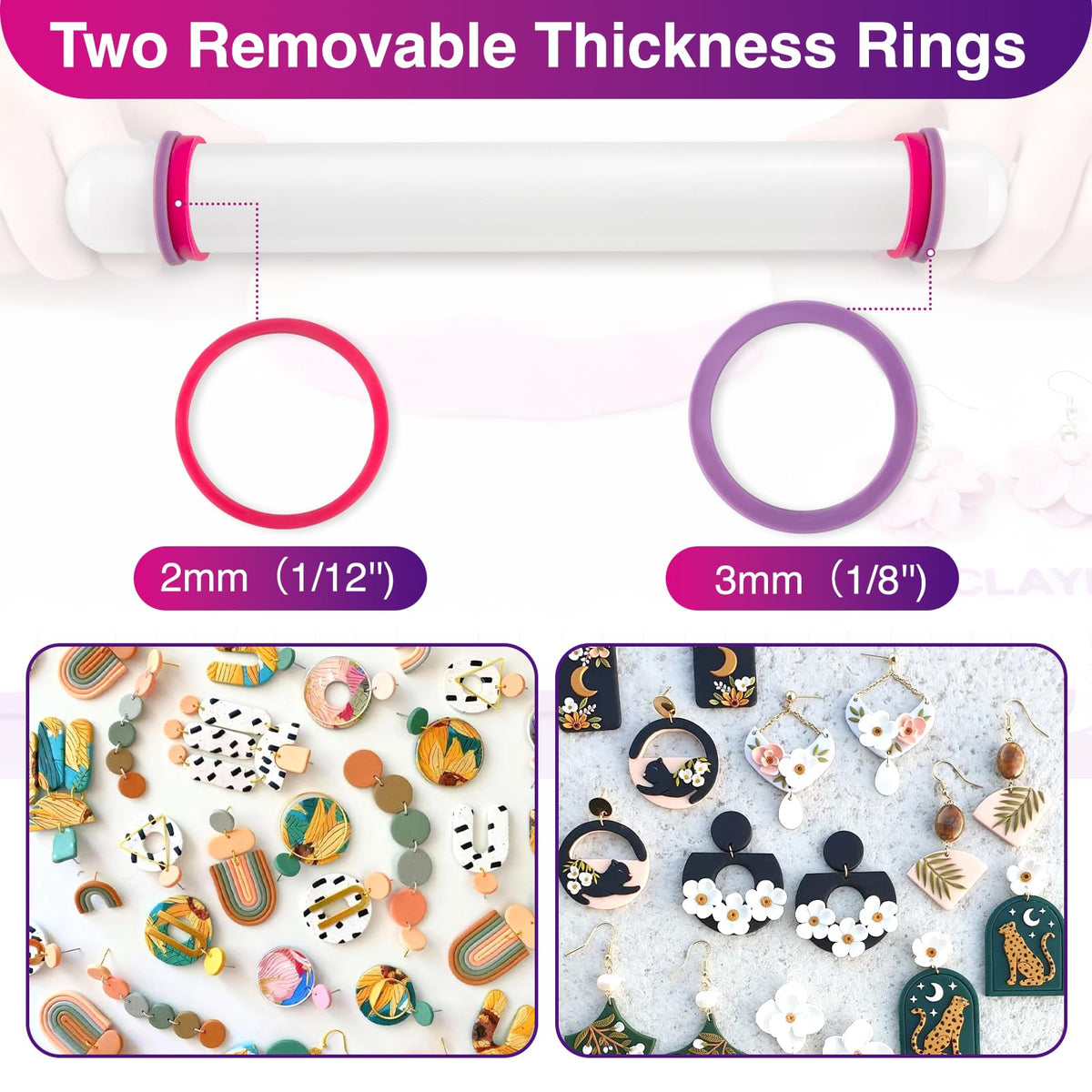WECLAYER Clay Roller with Thickness Rings and 16" x 12" Silicone Clay Mat with Measurement,Oven-Safe Work Mat with Texture,Reusable Silicone Non-skid Pad,Clay Rolling Pin,Polymer Clay Tools