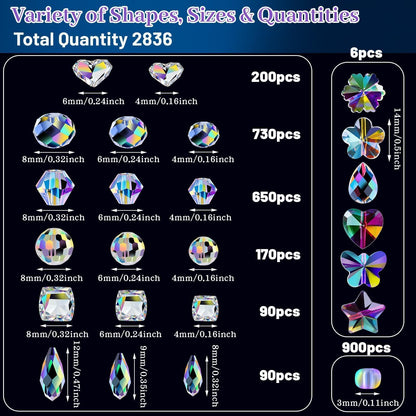 2836 Pcs Glass Beads for Jewelry Making – High Shine, Faceted Cut Design Crystal Beads, Crystal Beads with Loose Beads, DIY Bracelet Necklace Earring Craft Kit with Organizer Box, AB Color