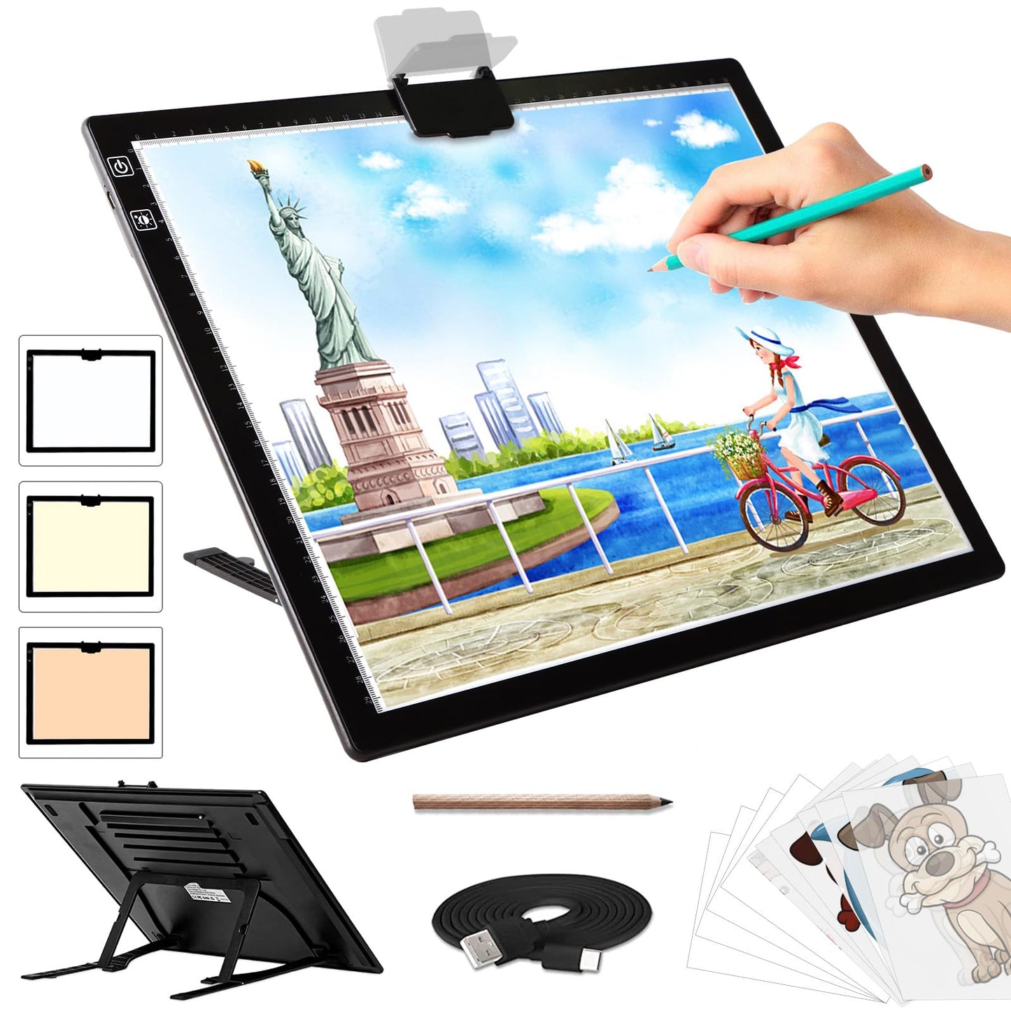 A3 Light Pad - Rechargeable Diamond Painting Light Board with Stand, 3 Colours Stepless Dimmable 6 Levels Brightness Tracing Light Box, Battery Powered Portable Light Pad for Weeding Vinyl Tracing