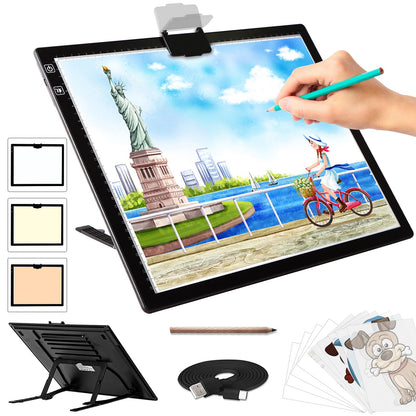 A3 Light Pad - Rechargeable Diamond Painting Light Board with Stand, 3 Colours Stepless Dimmable 6 Levels Brightness Tracing Light Box, Battery Powered Portable Light Pad for Weeding Vinyl Tracing