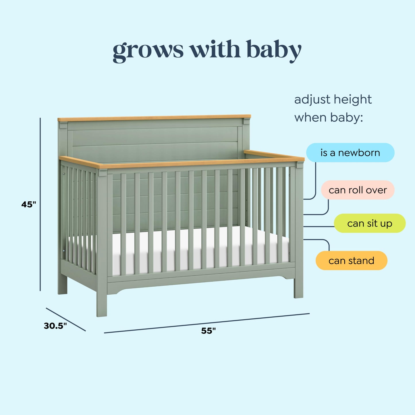 Davinci Shea 4-in-1 Convertible Crib in Light Sage and Honey, Greenguard Gold and FSC® Certified