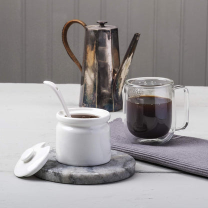 WM Bartleet & Sons 1750 T165 Traditional Porcelain Sugar/Jam/Mustard Pot with Lid & Spoon, 24 oz, White