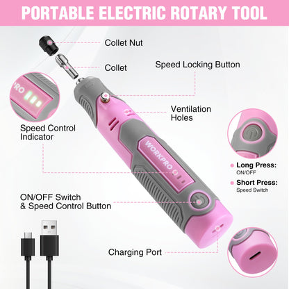 WORKPRO Cordless Rotary Tool Kit with 71pcs Accessories, 3 Variable Speeds, USB Rechargeable Mini Rotary Tool for Engraving, Sanding, Polishing, Carving, Cutting, DIY Crafts - Pink Ribbon