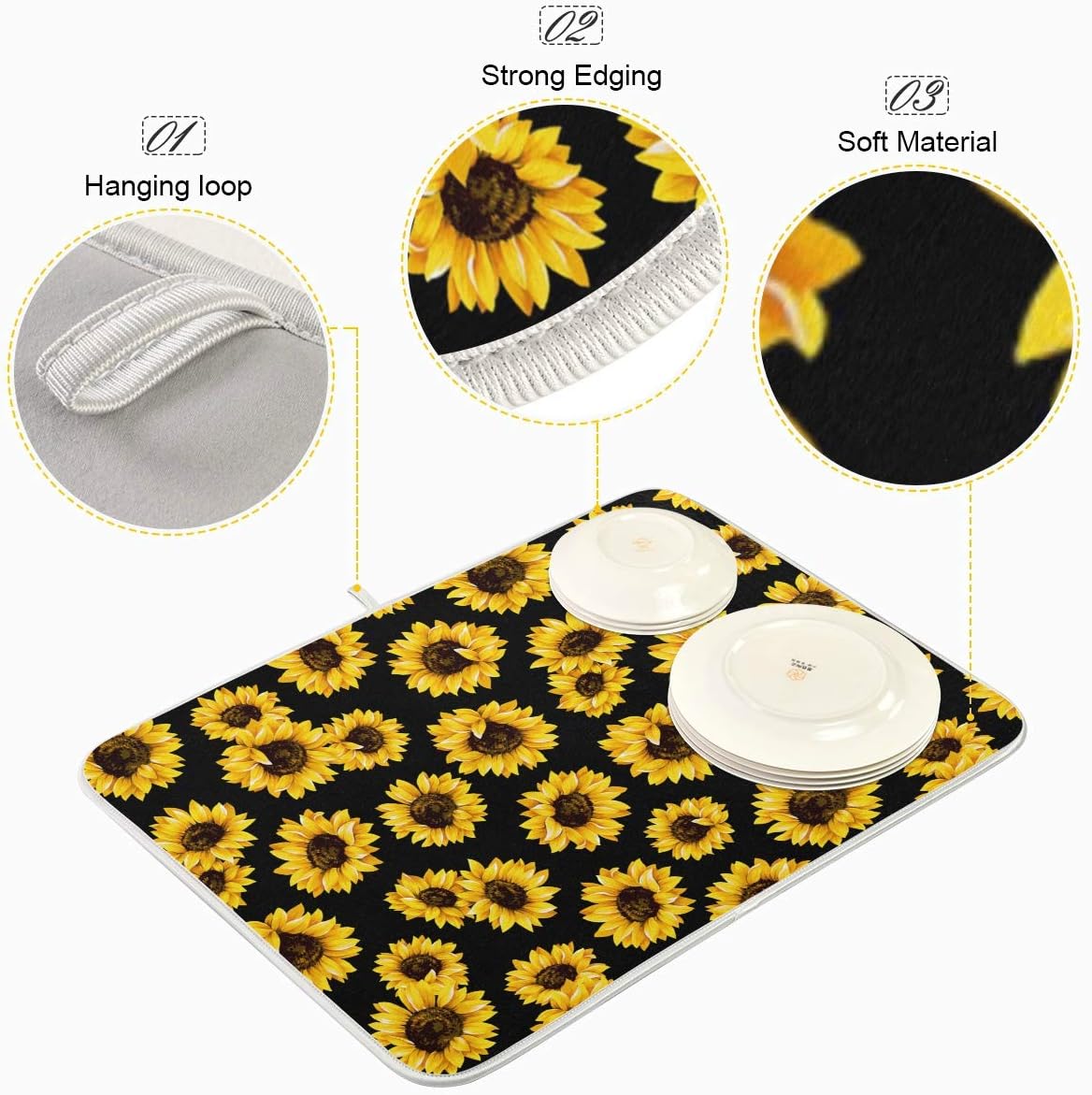 Yellow Sunflower Dish Drying Mat, 18x24 inch Floral Kitchen Counter Protector for Dishes and Bottles