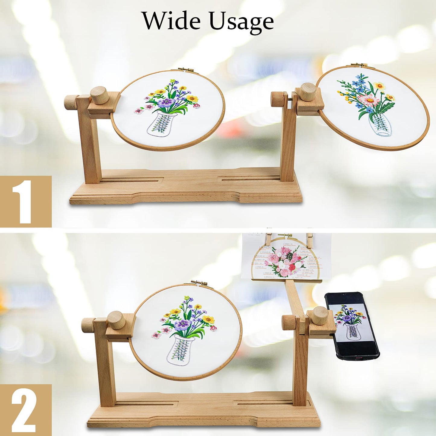 Embroidery Hoop Stand - Size Adjustable Cross Stitch Table Stand, Rotated Wooden Needlepoint Hoop Holder Stand for Sewing Craft Supplies
