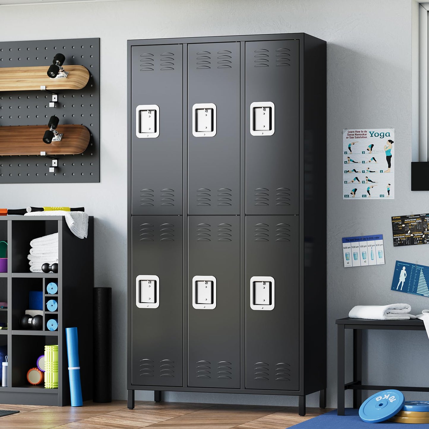 Heavy Duty Metal Storage Locker Cabinet – 6 Lockable Doors, Hooks, Shelf, Ventilated Design – Tall Steel Office Organizer for School, Gym, Garage – Secure Storage Rack, Black