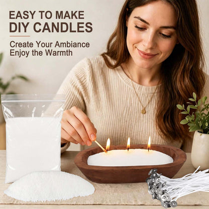 Wfmolcand Sand Wax Candle Making Kit - 2LB Snow Wax with Wooden Bowl & 20 Wicks, DIY 3-Wick Scented Candle Set for Adults Beginners, Easy No-Melt Home Decor Gift for Birthday Christmas Housewarming
